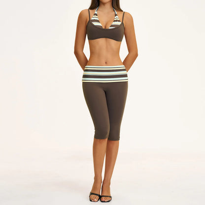 2PCS Stripes Fitness Suit Women's Tracksuits Polka Dot High Waist Workout Capri Pants Sports Set Female Yoga Sports Clothes