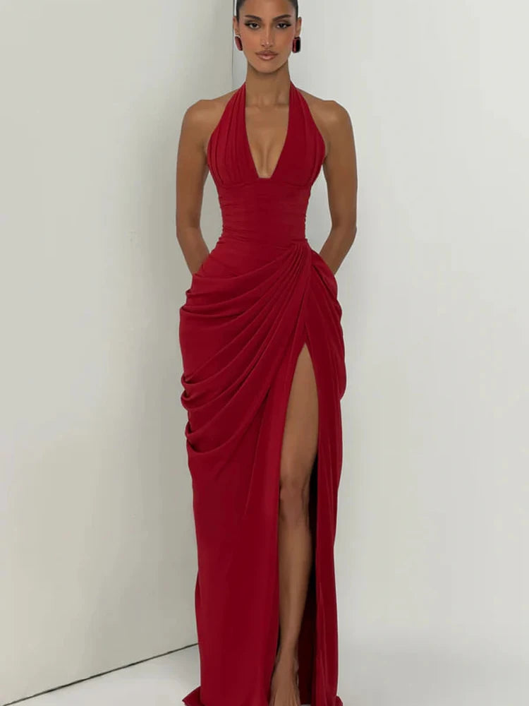 Sexy Solid Pleated Halter Dress Women Fashion Sleeveless Backless Waist-cinching Split Maxi Dresses 2026 Summer Lady Party Gowns