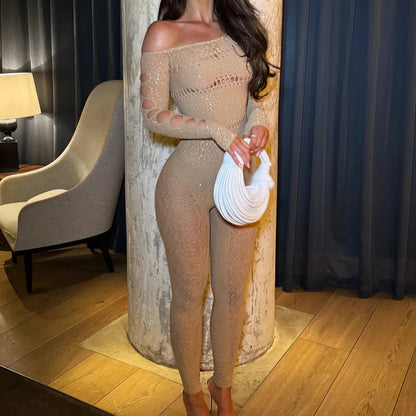 FAGADOER Spring Summer New Sexy Jumpsuits Women See Through Hollow Out Rhinestone Patchwork Rompers Female Streetwear Overalls
