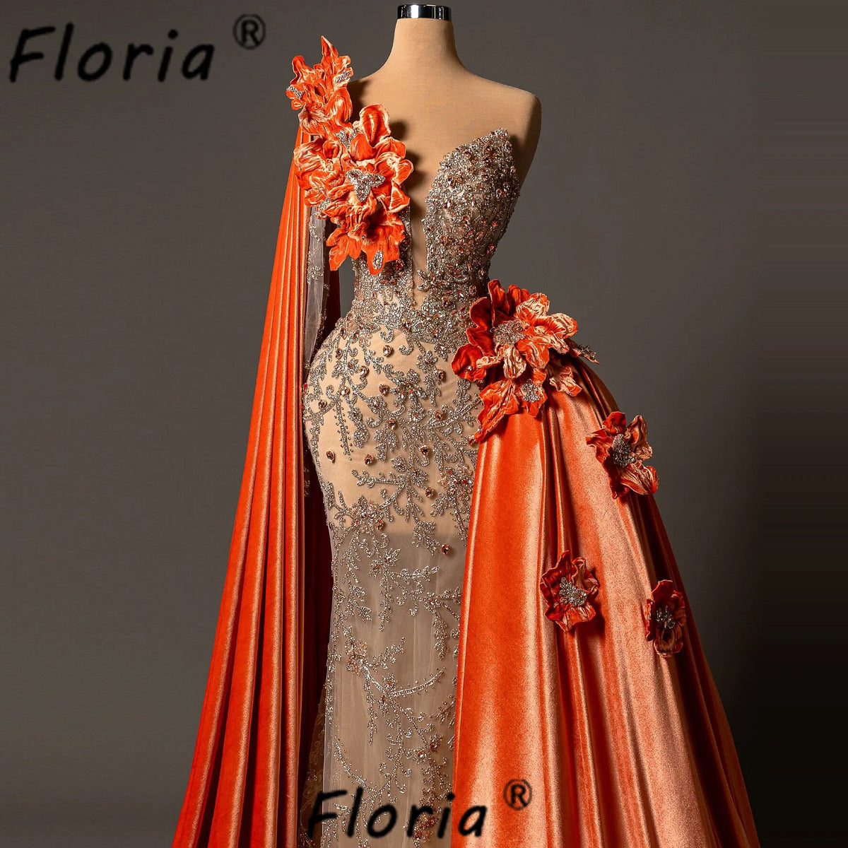 Luxury Orange Wedding Dress Beads Crystal Appliques 3D Velvet Mermaid Bride Party Gown Customized African Woman Vestidos de Gala