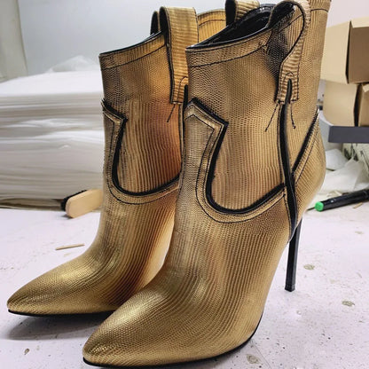 Silver Gold Patent Leather Blade High Heels Ankle Boots Pointed Toe 12 Cm Metal Heel Slip On Runway Booties Woman