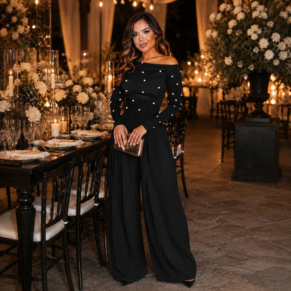 Fashion Beaded Slant-neck Women's Jumpsuit Long Sleeve Wide Leg One Piece Outfit 2026 New Autumn Commute Lady Jumpsuits