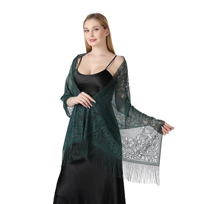 Korean Women Summer Thin Hollow Flower Long Tassel Party Cloak Sunscreen Shawl Sun Clothing Travel Towel Lace Evening Dress Scar