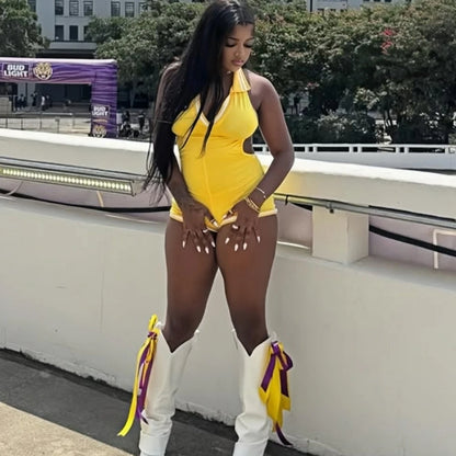HLJ&GG Summer New Stripe Halter Lapel One Piece Rompers Women Sleeveless Backless Bodycon Jumpsuits Sexy Stretchy Overalls 2025