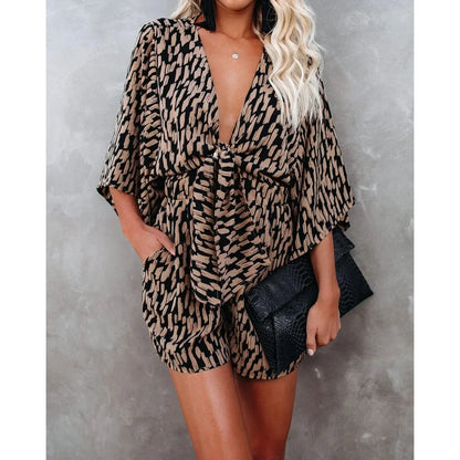 Summer Print Jumpsuit Women Rompers Sexy V Neck Short Sleeves High Waisted Wide Leg Shorts Trousers Casual Loose Jumpsuit Y2k