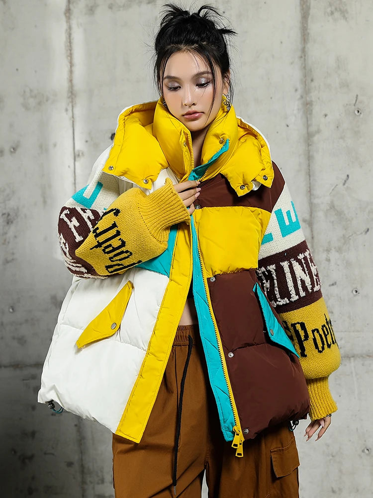Streetwear Letter Stitching Fashion Down Jacket Women's New Hooded Parka Loose Winter Down Coat Female Thick Casual Warm Clothes
