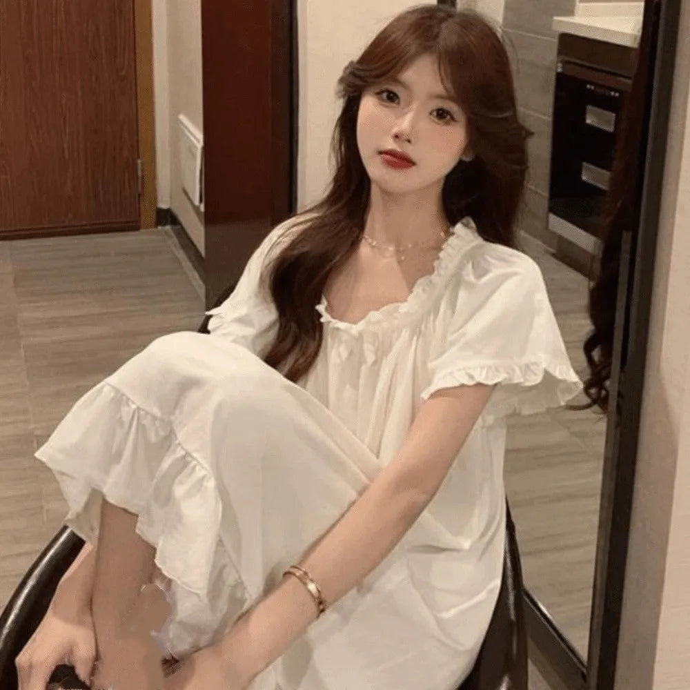 Casual Bowknot Women's Pajama Dress Short Sleeve Loose Ruffle Nightdress Home Wear Sleepwear Princess Nightgown Female