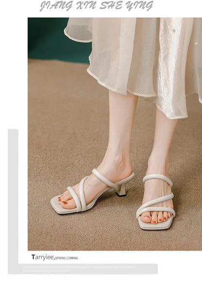 Elegant Ladies Glass Tacones Slippers Open Toe Thick Band Sandals Women High Heels Shoes Wedges Open Toe Slides Beach Sandalias