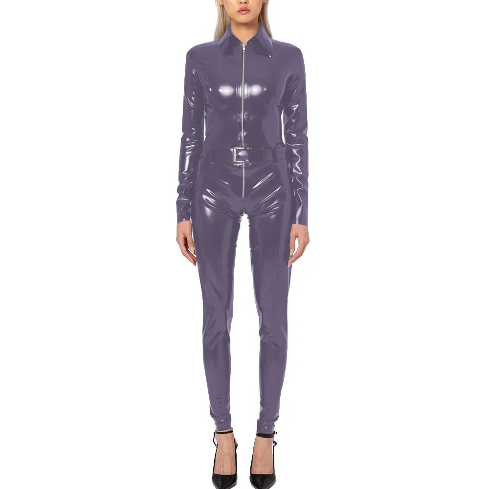 Plus Size Faux Latex Catsuit Elastic PVC Leather Zipper Long Sleeve Jumpsuit Tight Sexy Cosplay Rompers Ankle-length Club Zentai