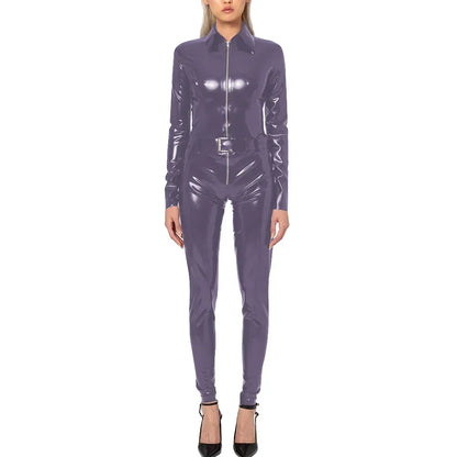 Plus Size Faux Latex Catsuit Elastic PVC Leather Zipper Long Sleeve Jumpsuit Tight Sexy Cosplay Rompers Ankle-length Club Zentai