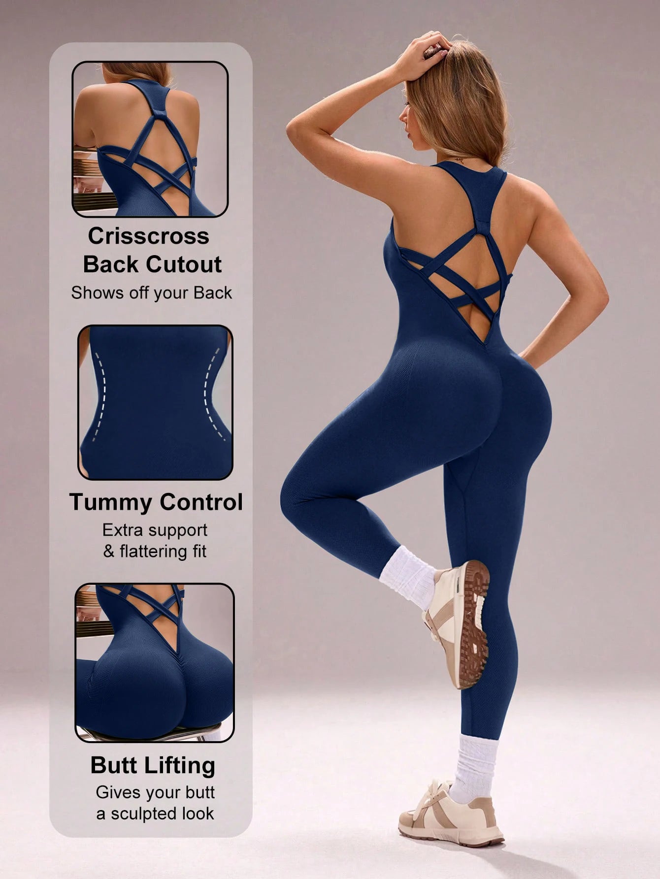 Crisscross Backless Seamless Yoga Jumpsuit Butt Lifting Tummy Control Sleeveless Fitness Workout One Piece Bodysuit