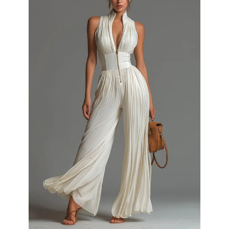 Sexy Deep V Neck Hollow Zip Jumpsuit Women's Spring Solid High Waist Wide Leg Romper Summer Sleeveless Pleated Vacation Overalls