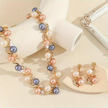 Luxury Elegant Pearl Necklace Rhinestone Metal Colorful Pearl Necklace Leaf Women Jewelry Necklace Earrings Set Gifts