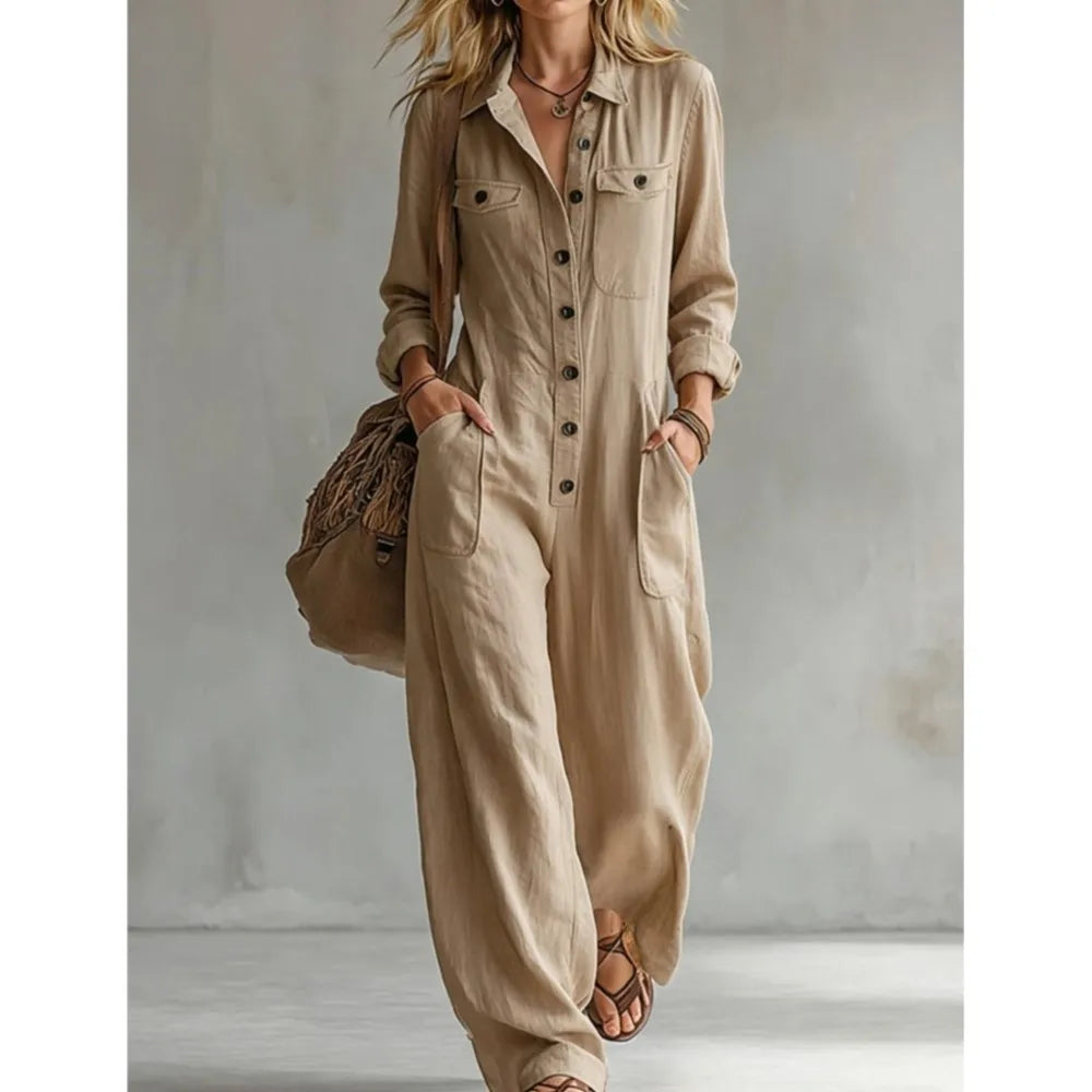 Autumn New Fashion Linen Single Breasted Double Pocket Women's Work Jumpsuit Casual Loose Vacation Female Rompers 2026