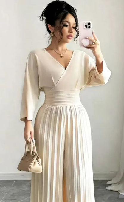 Pleated High Waist Wide Leg Capri Jumpsuits 2026 Trend V Neck Wrap Elegant Women's Palazzos White Three Quarter Long Romper