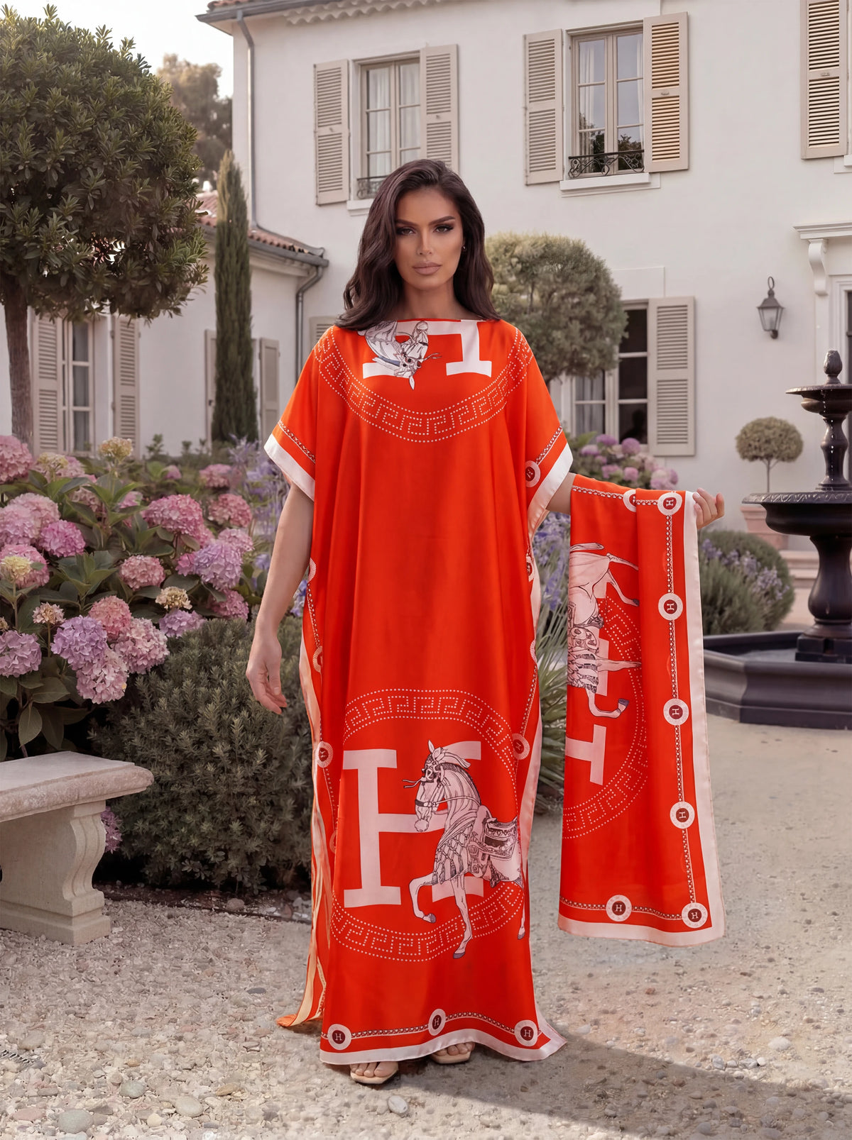 Luxury Horse Letter Print Satin Abaya Scarf Set, Loose Batwing Maxi Kaftan for Muslim Women Summer Beach Holiday Wear