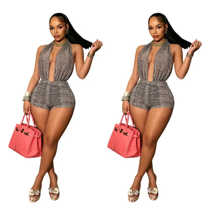 Summer Sexy Mesh Print Lace up Halter Backless Skinny Jumpsuits Women Baddies Streetwear Sleeveless Bodycon Club Party Romper