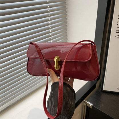 Fashion ladies shiny crossbody bag stylish elegant shoulder bag wine red small underarm bag versatile solid color clutch bag