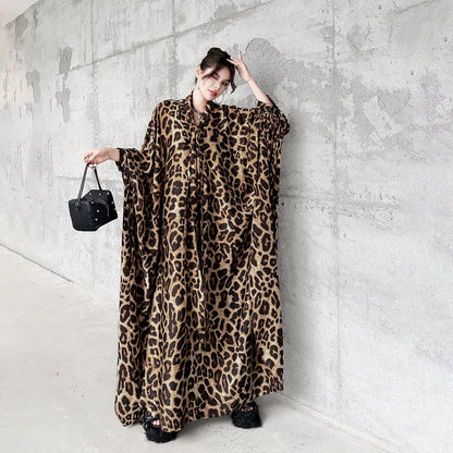 Leopard Print Loose Bat-sleeve Dress Women Summer Stand-up Collar Tie-waist Oversize Slimming Casual Long Dress XY420