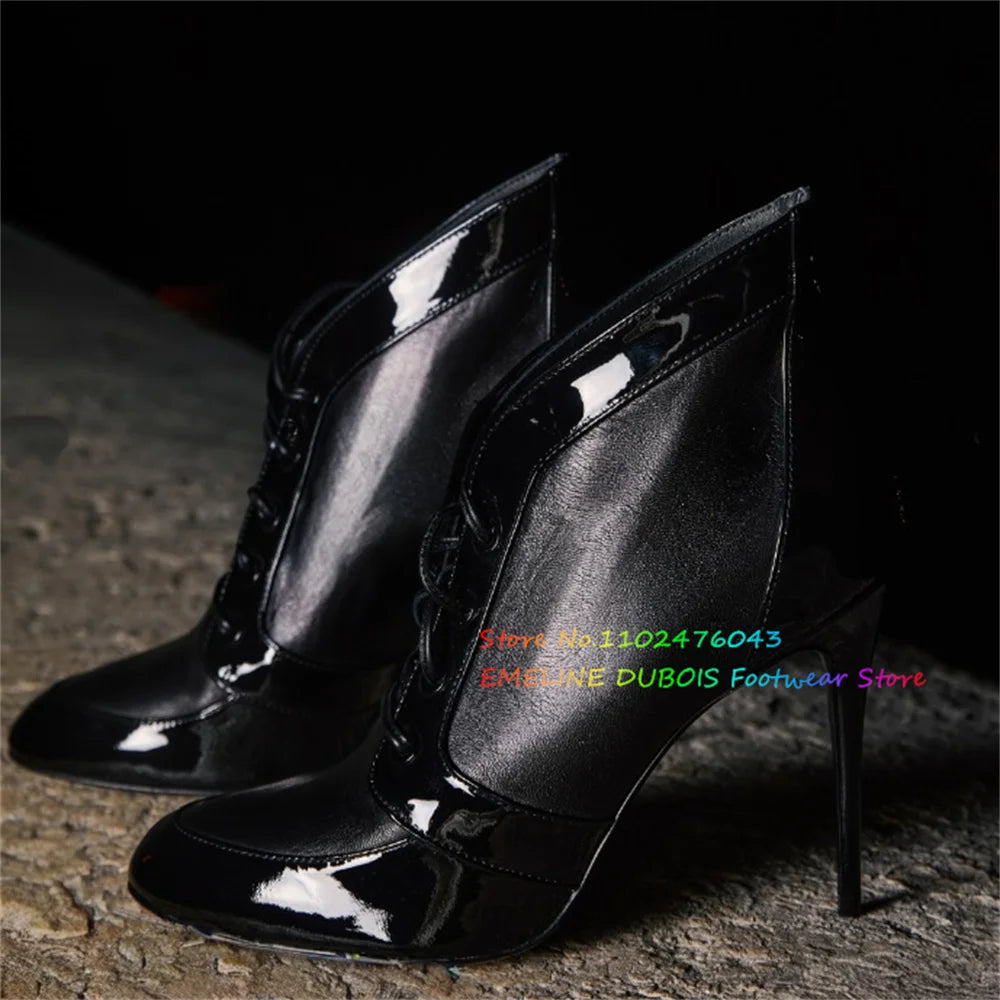 Black Leather Round Toe Toe High Heel Ankle Boot Women Sexy Stiletto Heel Lace Up Solid Color Elegant Casual Short Boots
