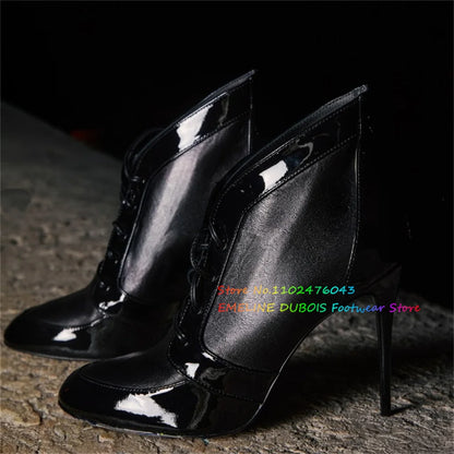 Black Leather Round Toe Toe High Heel Ankle Boot Women Sexy Stiletto Heel Lace Up Solid Color Elegant Casual Short Boots