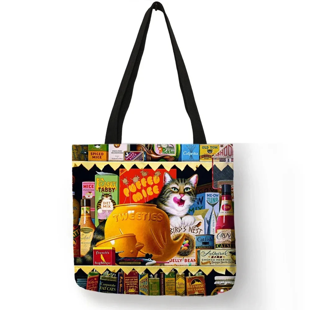 Oil Painting Cat Print Womens Designer Tote Bags Linen Reusable Shopping Bag For Groceries Shoulder Bags for Lady
