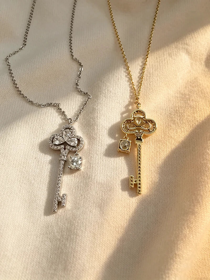 OXTAO Brilliant Moissanite Big Key Pendant for Women D VVS1 Clavicle Chain Flower Necklace Anniversary Jewelry 14K Gold Filled