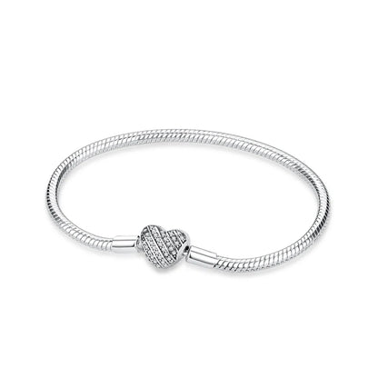 Original 925 Sterling Silver Bracelets Bangles Love Heart Clip Charms Beads Snake Chains For Women Rose Gold DIY Luxury Jewelry