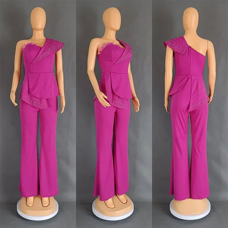 Women Jumpsuit One Shoulder Feather Diamond Peplum Party Fashion Female One Piece African Event Occasion Rompers New Summer 2024