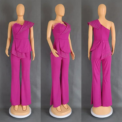 Women Jumpsuit One Shoulder Feather Diamond Peplum Party Fashion Female One Piece African Event Occasion Rompers New Summer 2024