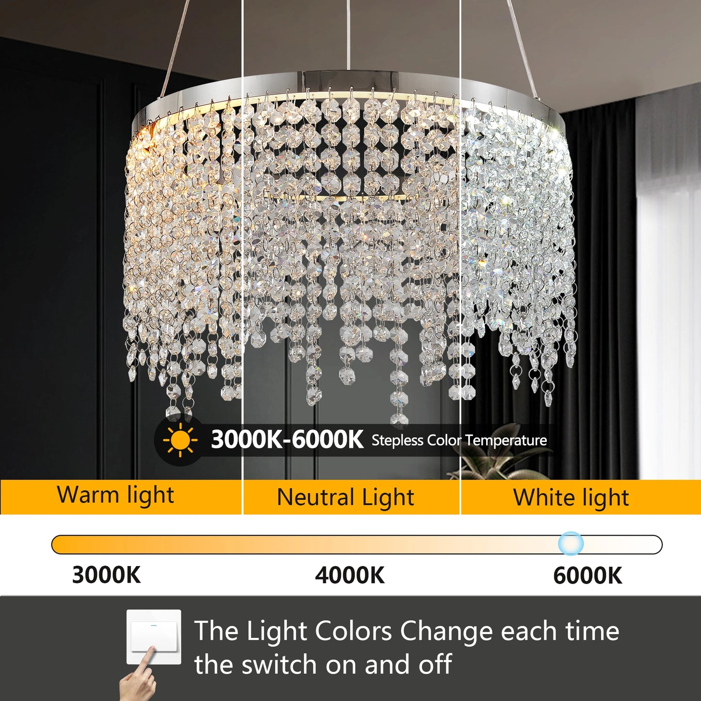 16-inch Luxury Crystal LED Chandelier - Adjustable Height and Color Temperature (3000K-6000K) -Modern Chandelier for Living Room