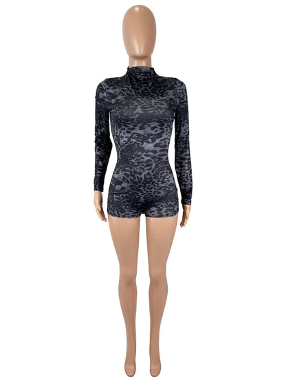 Sexy Round-neck Long-sleeve Leopard-print Tight Slim Bodycon Rompers Bodysuit Women Daily Outfit Summer Clothes Festival