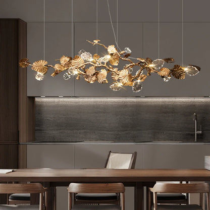 Luxury Copper Branch Chandelier Dining Table Retro Restaurant Light with Leaf Crystal Pendant Lamp Living Room Bar Kitchen Vila