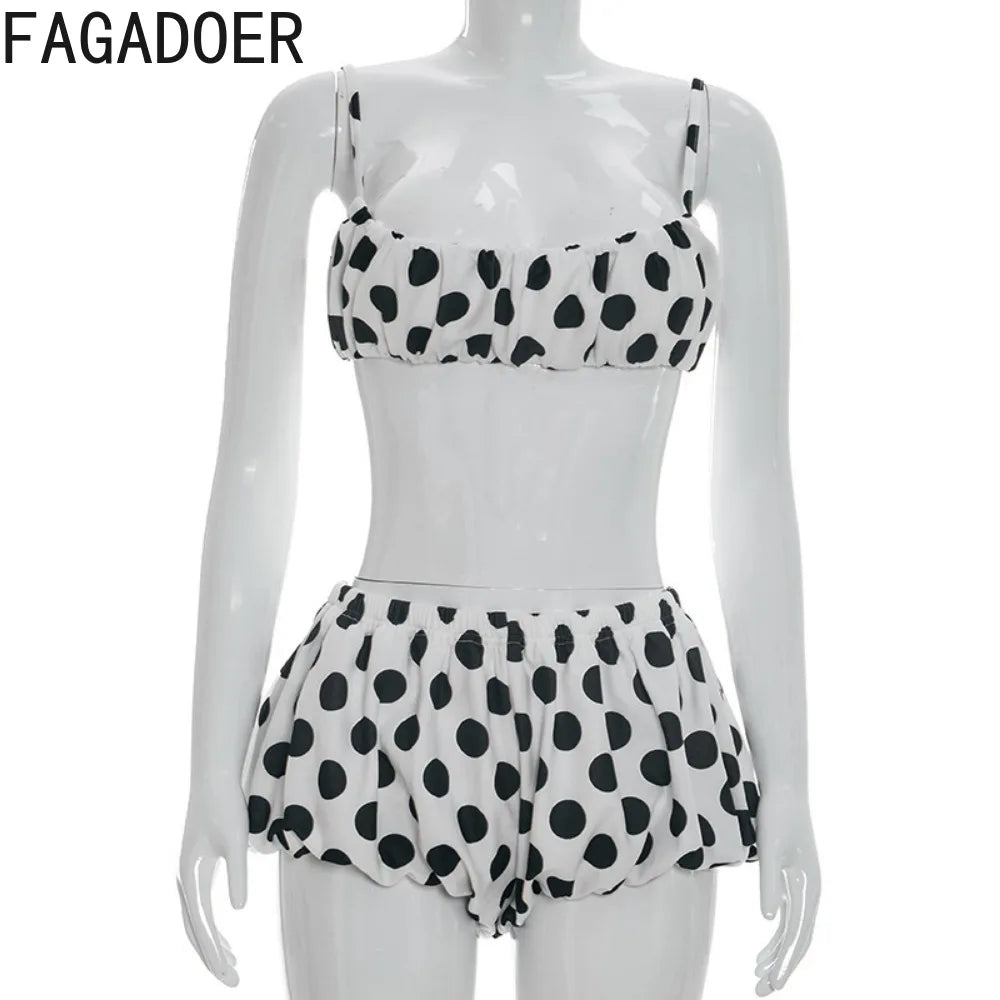 FAGADOER Retro Polka Dot Two Piece Sets Spaghetti Strap Ruched Crop Top + Bubble Puff Shorts Outfits Women Holidays Suits