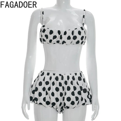 FAGADOER Retro Polka Dot Two Piece Sets Spaghetti Strap Ruched Crop Top + Bubble Puff Shorts Outfits Women Holidays Suits