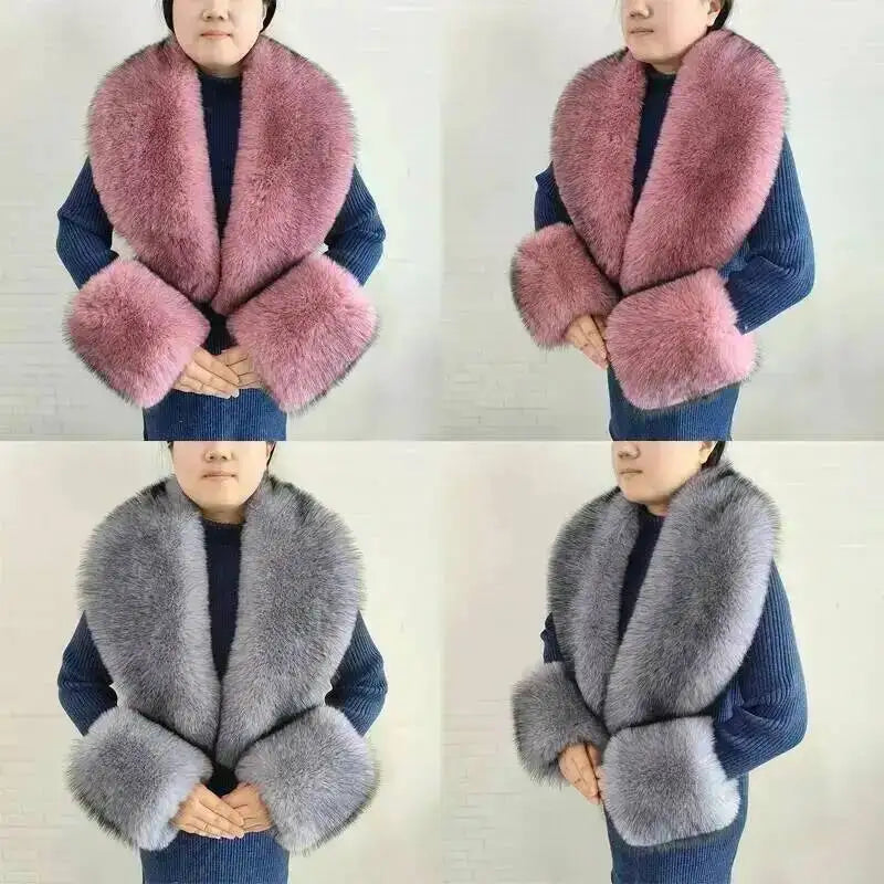 Large Women Faux Fox Fur Scarf Winter Jackets Warm Fluffy Shawl Fashion Artificial Fur Collar And Cuff Set Fluffy Scarves Female