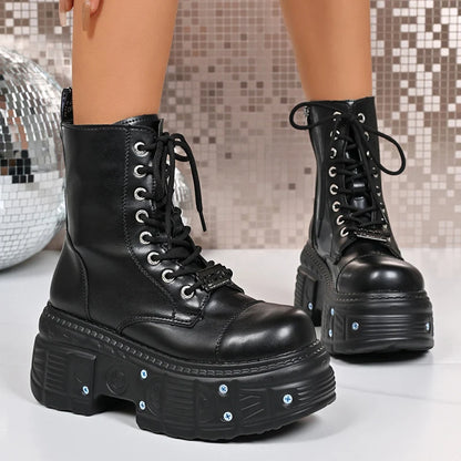 Chunky Platform Punk Ankle Boots Women Thick Bottom Metal Rivet Combat Booties Woman Autumn Winter Black PU Leather Botas Mujer