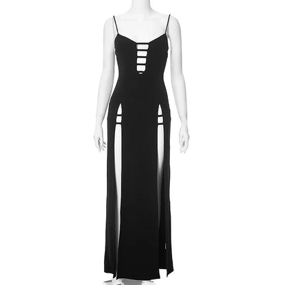 Plus Size Elegant Black Dress Long Sexy Women High Split Hollow Out Fashion Evening Party Club Dress Bodycon Summer Clothes Slim