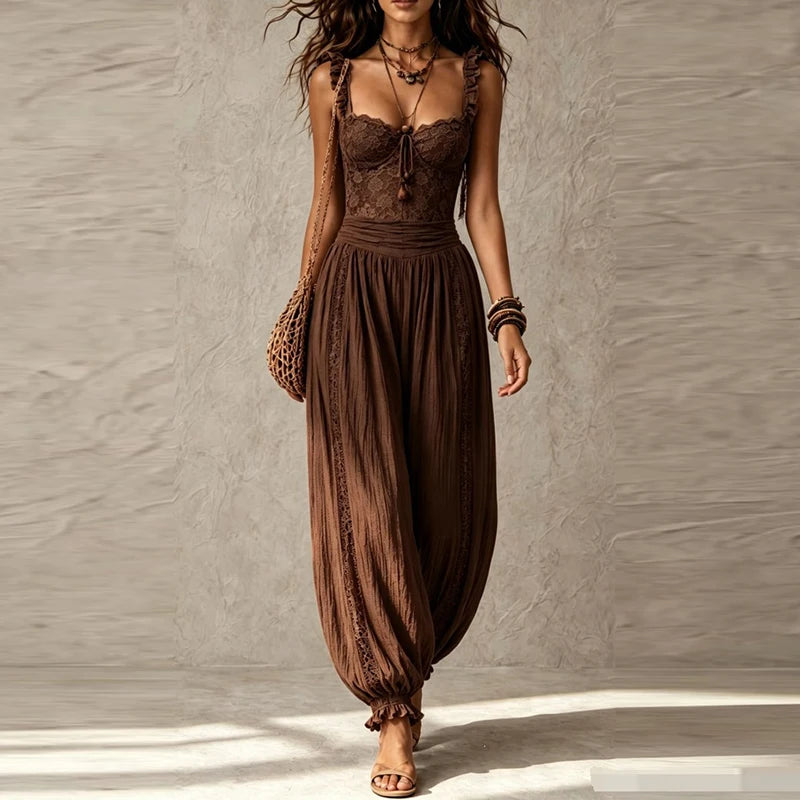 Women Elegant Ruffle Waist Solid Playsuit Overalls Casual Sleeveless Long Romper Sexy V-neck Lace Trim Spaghetti Strap Jumpsuits