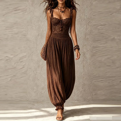 Women Elegant Ruffle Waist Solid Playsuit Overalls Casual Sleeveless Long Romper Sexy V-neck Lace Trim Spaghetti Strap Jumpsuits