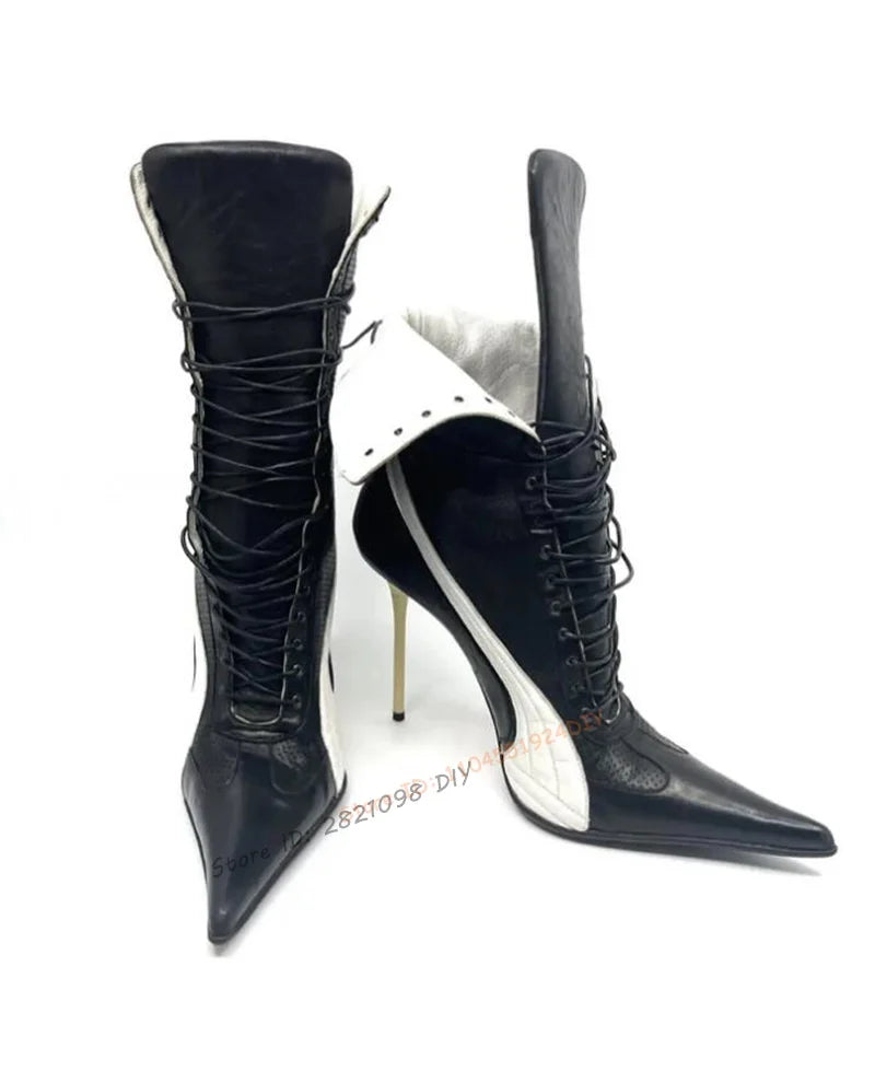 Patchwork Lace Up Thin High Heel Boots Matte Leather Pointed Toe Shoes for Women Stilettos High Heels Shoes Zapatos Para Mujere