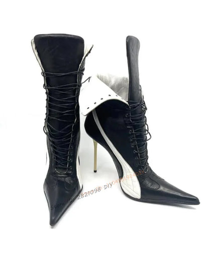 Patchwork Lace Up Thin High Heel Boots Matte Leather Pointed Toe Shoes for Women Stilettos High Heels Shoes Zapatos Para Mujere