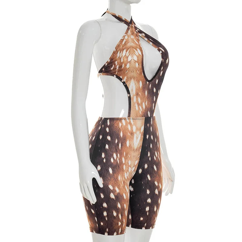 FAGADOER Deer Print Sexy Hollow Out Romper Hot Girl Bandage Halter Shorts Backless Bodycon Jumpsuits New Trendy Streetwear