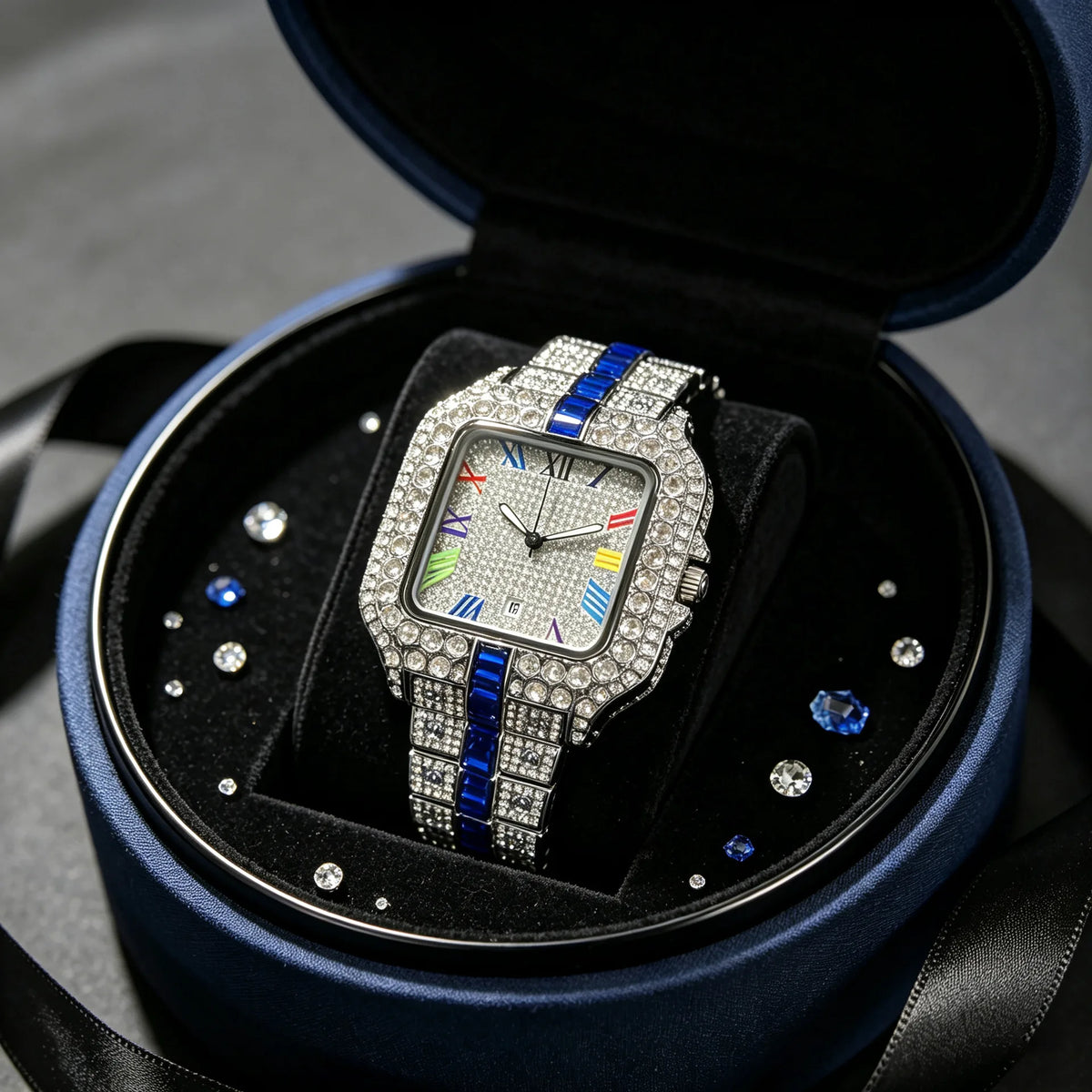 European Full Diamond Men's Quartz Watch with Waterproof Square Case and Hot Fashion Fold Clasp Style
