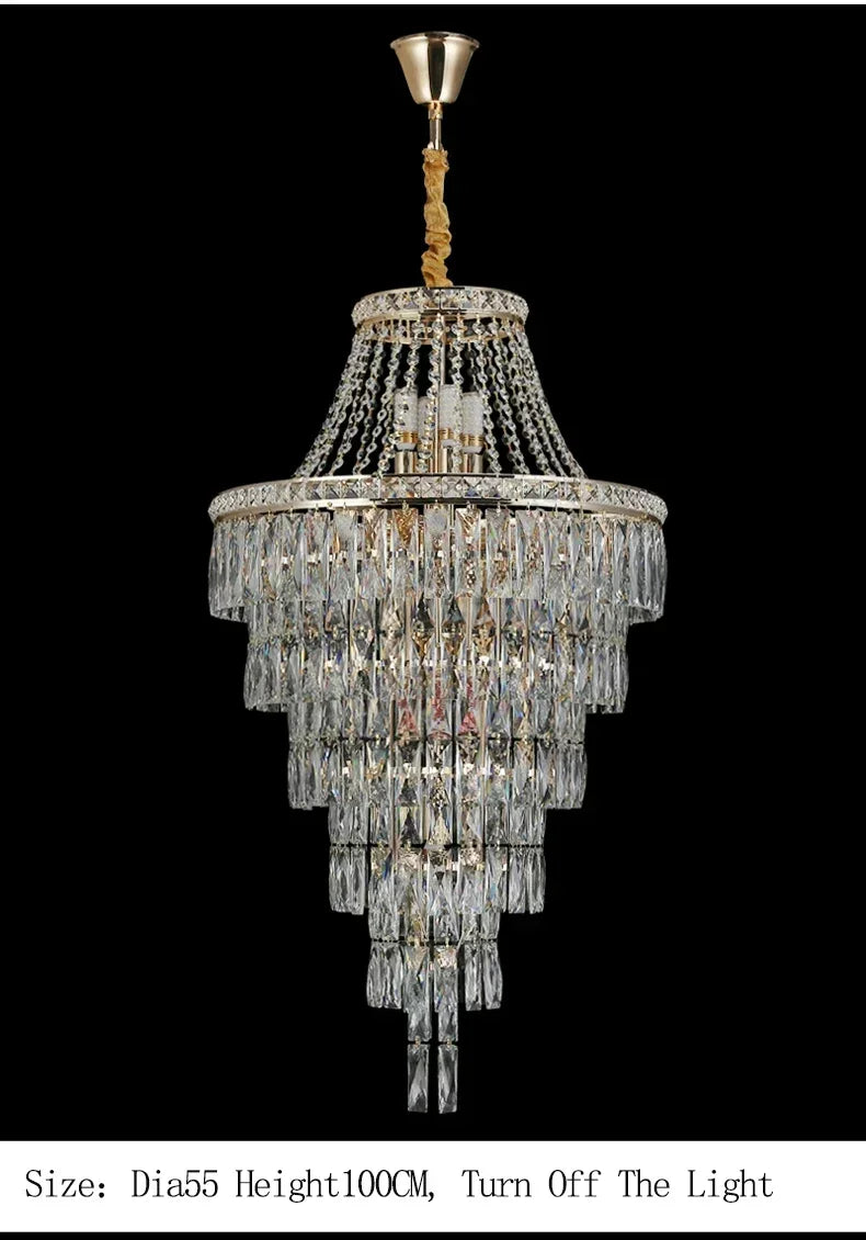 Large Ceiling Long Crystal Chandelier Hotel Lobby Living Room Luxurious Multi Story Staircase Light Golden Stainless Steel Light