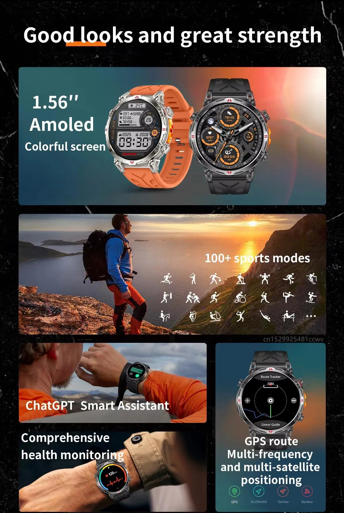 Men KC93 Smart Watch 1.56inch AMOLED GPS Positioning Outdoors Sports Fitness Tracker Bluetooth Calling Large Battery Smartwatch