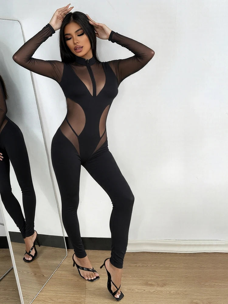 Sisterlinda Patchwork Jumpsuits Women High Neck Zipper Long Sleeve See Through Stretch Skinny  Midnight Coquett Party Clubwear