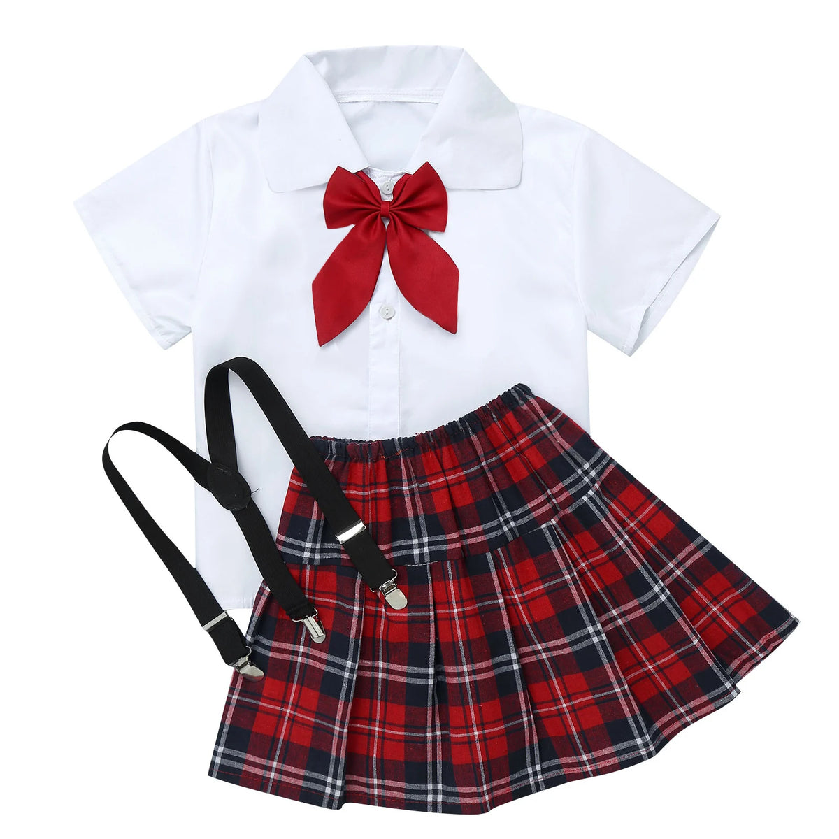 Children Girls Choir Outfits School Uniform Bow Tie Shirt with Suspender Skirt and Socks Schoolgirls Stage Performance Costume