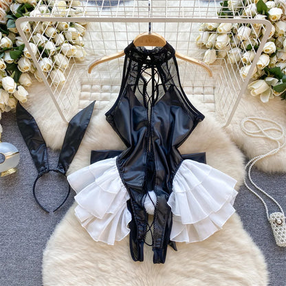 Cute Sweet Trend Cartoon Printed Jumpsuit Half High Collar Sleeveless Slim Fit Lingerie Bodycon Bodysuit Rompers Pajama Catsuits