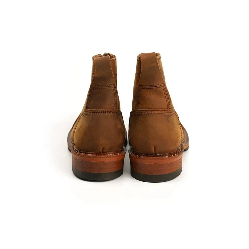 Vintage British High Quality Handmade Men Boots Cow Leather Round Toe Wedge Ankle Boots Spring Winter Tooling Motorcycle Boots